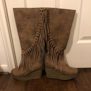 Sbicca fringe tan tall wedge boot